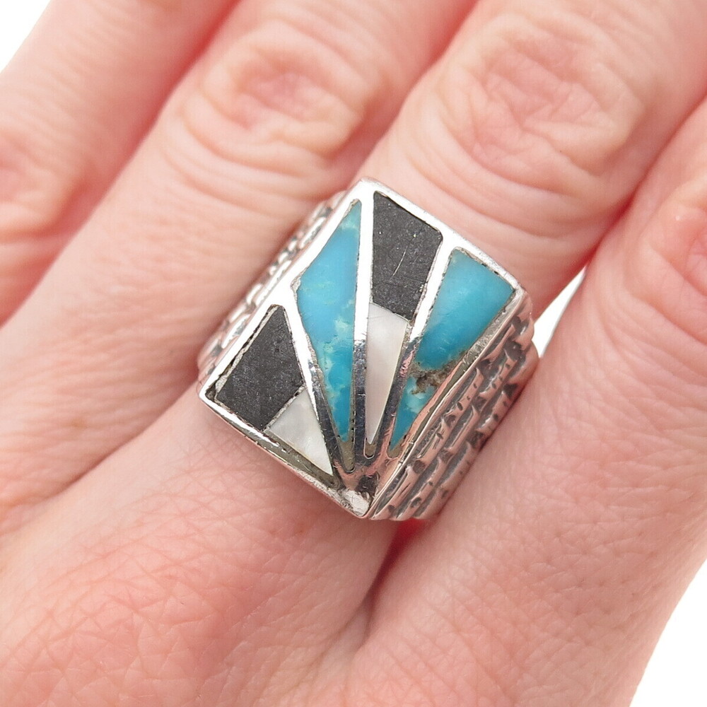 Old Pawn 925 Sterling Silver Vintage Turquoise Black Onyx & MOP Ring Size 9.25
